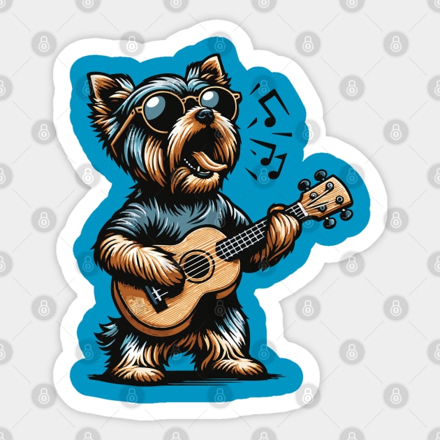 Dog Playing Guitar Singing Yorkshire Terrier Funny Yorkie Sticker by BraaiNinja